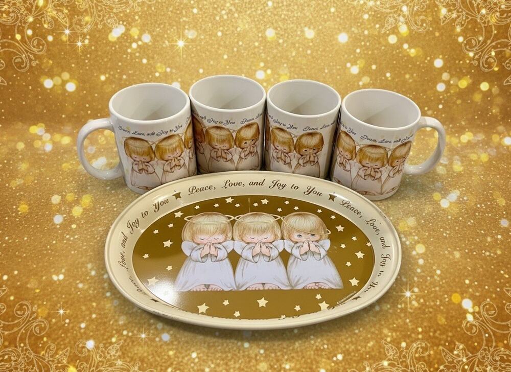 Hallmark Baby Angel Coffee Cups,Set of 4 With Matching Tray. Gold & White. B10